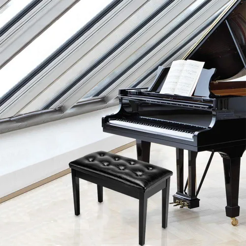 Vista 6 de Bonnlo - Banco de piano doble/dúo de madera con almacenamiento y cojín grueso, banco de piano acolchado de piel sintética para artista, asiento