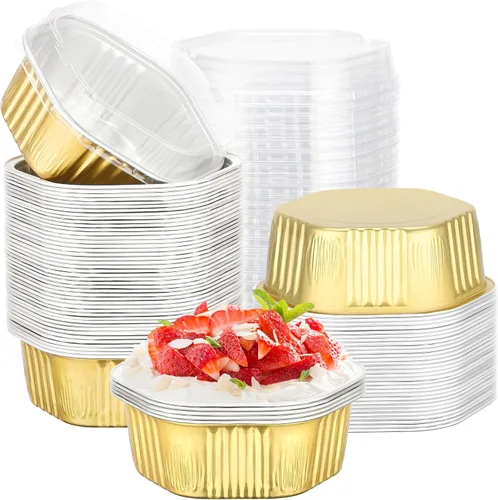 Vista 26 de Beasea Tazas desechables para hornear con tapas, juego de 50 unidades, 13.5 oz 400 ml, ramekins de aluminio con tapa de papel de aluminio, moldes