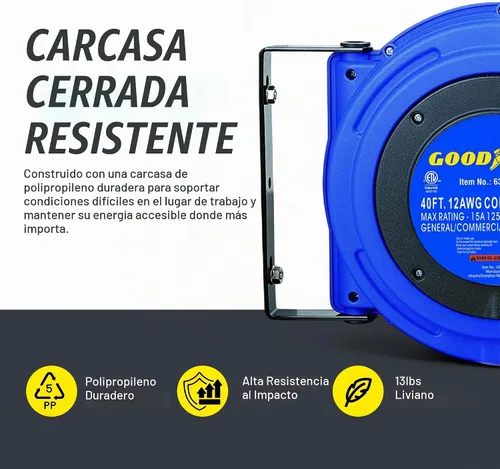 Vista 5 de Carrete de extensión Goodyear resistente, 40 pies, 12AWG/3C SJTOW, triple con conector con luz LED