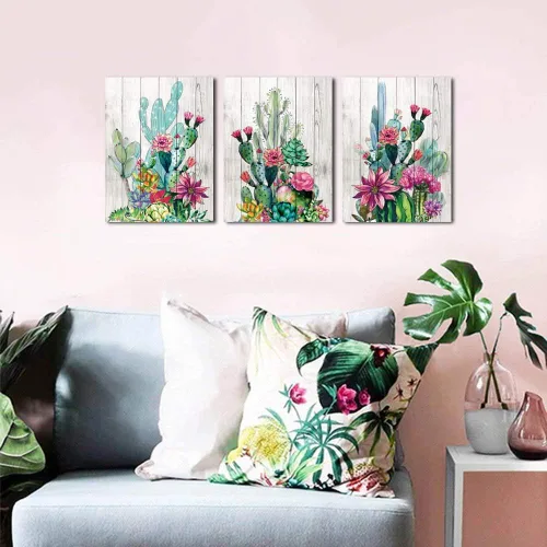 Vista 2 de 3 piezas enmarcadas de arte para pared, acuarela, plantas tropicales, cactus del desierto, impresión en lienzo para dormitorio, baño, flores