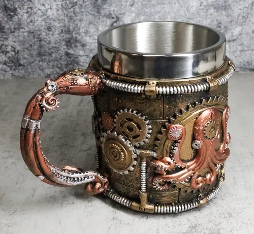 Vista 6 de Ebros Brazen Steampunk Kraken Octopus Cyborg con válvulas de engranajes robóticos esculpidos y tuberías Beverage Drinkware Serveware decorativo Taza