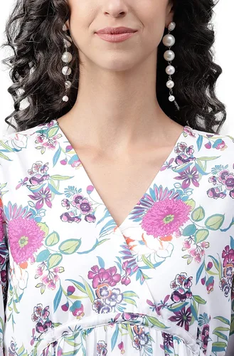 Vista 7 de Janasya Vestido acampanado con estampado digital Georgette blanco para mujer