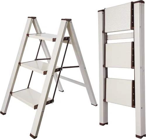 Vista 11 de Escalera plegable pequeña cocina taburete armario aluminio Mini portátil de metal ancho dos pasos interior y exterior lindo corto