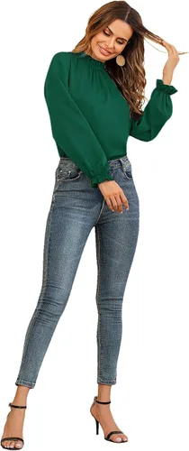 Vista 5 de LYANER Blusa de manga larga con volantes y cuello alto para mujer