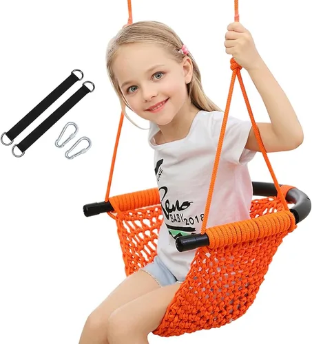 Vista 8 de Columpio tejido a mano para niños, columpio para niños con cuerdas ajustables, juego de columpio seguro para niños, para interiores, exteriores