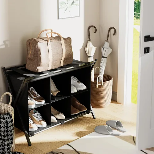 Vista 5 de Huhote Portaequipajes para habitación de invitados, soporte plegable para maleta con estante de almacenamiento de tela de 6 cubos, soporte