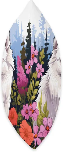 Vista 2 de American Eskimo Dog Gifts by J Lindo perro esquimal americano en primavera, prado de flores, arte de la naturaleza, 16 x 16 pulgadas, multicolor