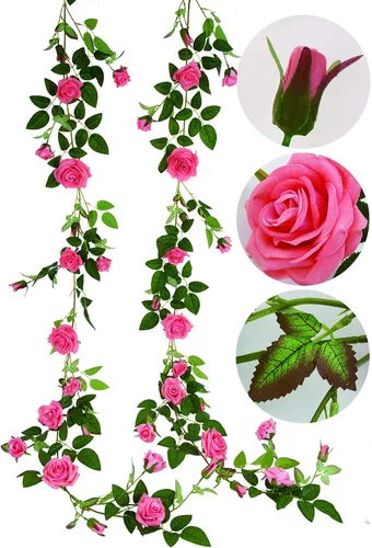 Vista 8 de Guirnalda de rosas artificiales de 6 pies de largo, enredadera aterciopelada para arco de boda, telón de fondo, decoración del hogar, corona (fucsia)