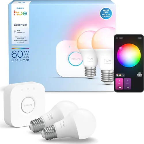 Vista 12 de Philips Hue Essential - Bombilla LED inteligente A19, ambiente blanco y color, base E26, 8.8W, 2200K-6500K, 800 lúmenes, regulable, funciona