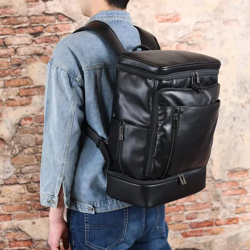 Vista 7 de TIDING Mochila de cuero genuino para hombre, bolsa de laptop de 15.6 pulgadas, mochila casual de viaje con compartimento para zapatos, Negro