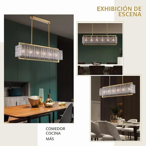 Vista 6 de Lámpara rectangular de cristal de lujo, moderna lámpara colgante rectangular LED, lámpara colgante dorada para comedor, cocina, isla de 40 pulgadas