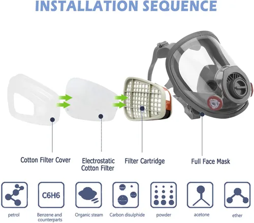 Vista 4 de Respirador de cara completa, compatible con recipiente de filtro de 1.575 in y filtro de aire de carbón activado para industrial, soldadura, pulido