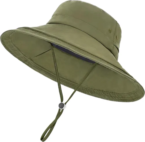 Vista 8 de Sombrero de ala ancha impermeable UPF 50+ para mujer con agujero para cola Verde militar