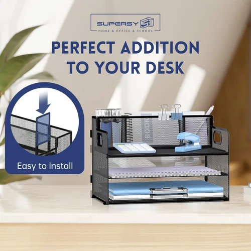 Vista 4 de SUPEASY Organizador de escritorio de 3 niveles con asa y 3 soportes para bolígrafos, organizador de papel/archivos de malla para escritorio