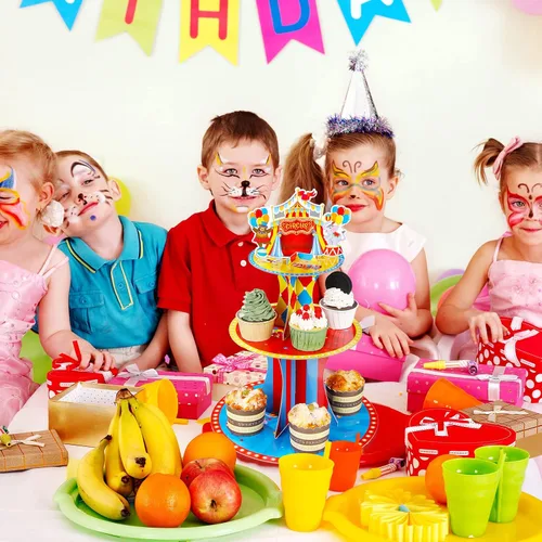 Vista 6 de Zopeal Soporte de 3 niveles para cupcakes con temática de circo para decoraciones de fiesta de cumpleaños, carnaval, mesa de postre, soporte