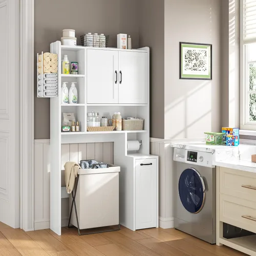 Vista 3 de UPOSOJA Gabinete de almacenamiento sobre el inodoro con polea, gabinete de almacenamiento de baño, blanco tipo B