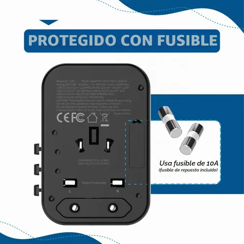 Vista 9 de Ceptics 45W Universal Travel Adapter w/ 3 USB-A, 2 USB-C & Universal Input Negro