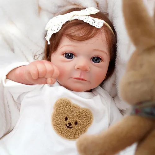 Vista 2 de Bebé recién nacido realista y lindo de 17 pulgadas abrió los ojos con ojos brillantes cabello castaño llamada Anne, muñecas realistas que se ven