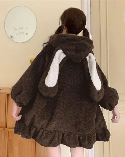 Vista 4 de BZB Sudaderas con capucha de conejo de anime Kawaii para mujer, suéter de conejo mullido y mullido para cosplay, abrigos
