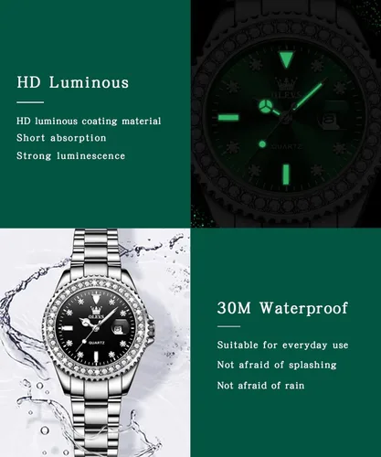 Vista 6 de OLEVS Reloj de pulsera para mujer, elegante, con diamantes, analógico, de cuarzo, de dos tonos, de acero inoxidable, impermeable, luminoso, regalo