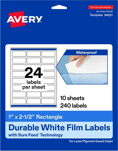 Vista 12 de Avery® Etiquetas rectangulares blancas duraderas imprimibles, tecnología Sure Feed®, 1" x 2.5", etiquetas impermeables, compatibles con inyección