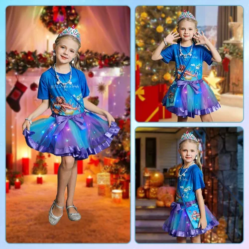 Vista 3 de Conjunto de disfraz de sirena para niñas con collar de corona, vestido de tutú arcoíris para fiesta de cumpleaños de Halloween
