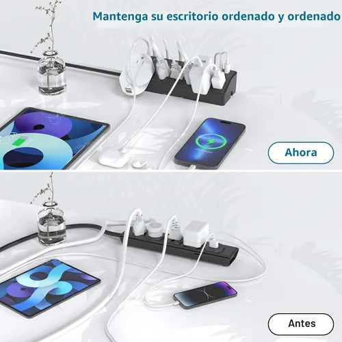 Vista 5 de JXGUCAT - Regleta de alimentación con abrazadera de escritorio con estación de carga rápida de 40 W, enchufe plano de 10 pies, protector contra