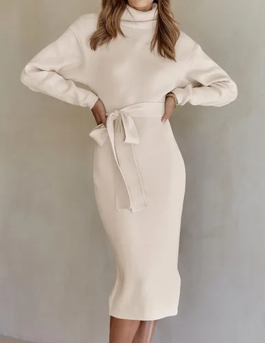Vista 15 de ZESICA - Vestido por debajo de la rodilla de suéter, de cuello alto, para mujer, de manga larga, de punto acanalado, con abertura y cinturón
