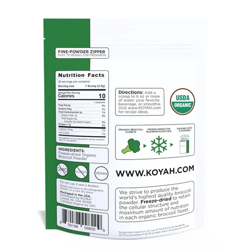 Vista 2 de KOYAH - Polvo de brócoli orgánico cultivado en Estados Unidos (1 cucharada equivalente a 1/4 taza fresca): 30 cucharadas, liofilizado, polvo