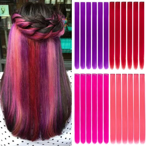 Vista 21 de 20 extensiones de cabello con clip de colores para niñas, extensiones de cabello arcoíris multicolor de 20 pulgadas, reflejos instantáneos, piezas