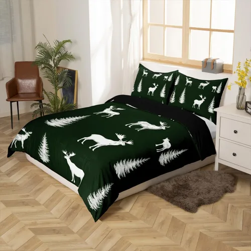 Vista 2 de Erosebridal Juego de funda de edredón de ciervos alce, tamaño individual, bonita funda de edredón de oso abstracto, juego de ropa de cama de bosque