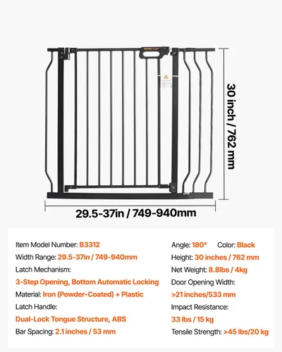 Vista 7 de VEVOR - Puerta de seguridad para bebés, de 75-94 cm de ancho ajustable, 76 cm de alto, fácil de cruzar, cierre automático, seguridad para niños