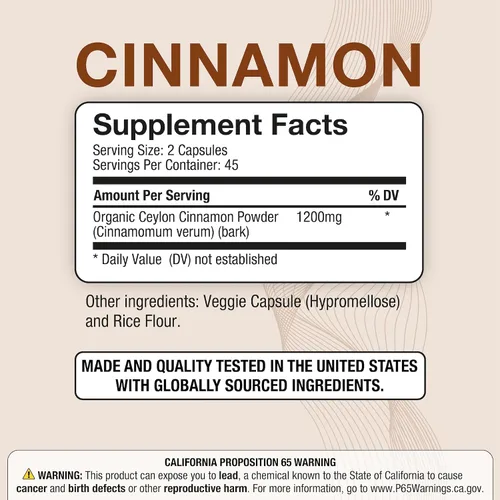 Vista 2 de Puregen Labs Canela Orgánica (Canela de Ceilán) 1,200mg por Porción 90 Cápsulas Vegetarianas - Sin Aditivos Nocivos No Transgénico Sin Gluten