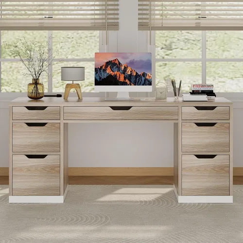 Vista 7 de MaverickFurni Escritorio para computadora de 54 pulgadas con cajones de almacenamiento, escritorio ejecutivo con 7 cajones para dormitorio