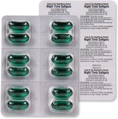 Vista 6 de Amazon Basic Care Nighttime para resfriado y gripe, 24 cápsulas blandas