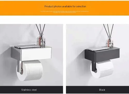 Vista 5 de Soporte de papel higiénico con estante para teléfono SUS 304 de acero inoxidable montado en la pared Soporte de rollo de papel higiénico adhesivo