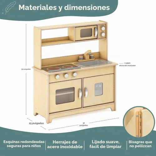 Vista 2 de Guidecraft EdQ - Juego de cocina todo en uno para niños, color natural: cocina dramática de madera para niños pequeños con estufa, microondas
