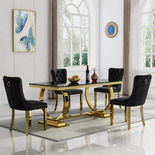 Vista 46 de HomVent Juego de mesa de comedor moderna de mármol sintético para 4 personas, mesa de cocina rectangular con 4 sillas beige (dorado)