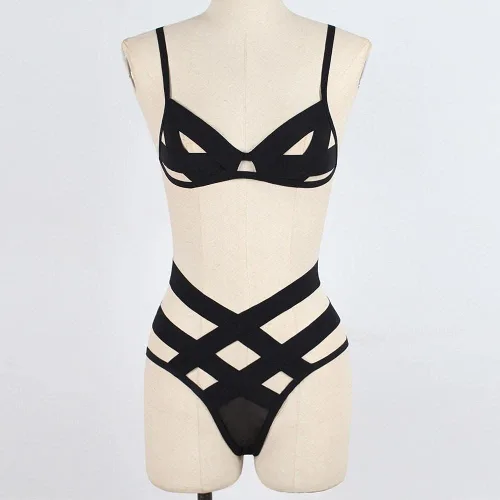 Vista 7 de Lencería sexy para mujer para sexo, con encaje travieso, pestañas con tiras huecas, brasier y bragas, 2 piezas, vendaje, ropa de dormir, conjuntos