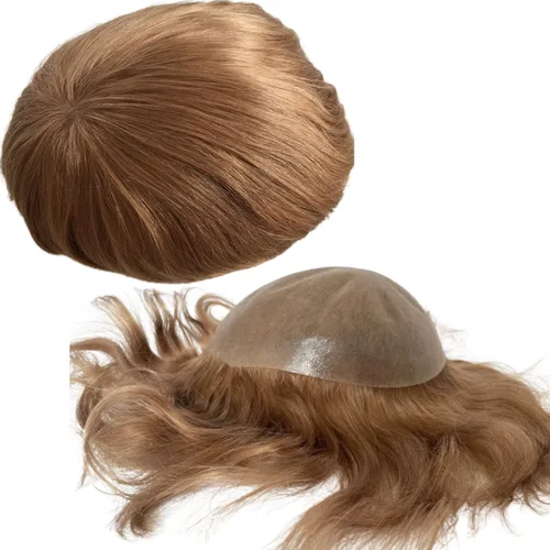 Vista 6 de Voloria Postizo humano virgen europeo para hombre tupé ultra transparente piel fina PU piezas de pelo de repuesto 10"x8" tamaño base #21 color rubio