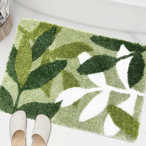 Vista 10 de Tapete verde para baño, de microfibra, absorbente, con diseño de hojas con reverso antideslizante para uso bajo techo en la puerta de entrada