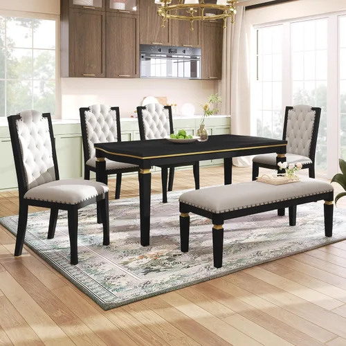 Vista 2 de Elegante juego de mesa de comedor de cocina de 6 piezas, mesa rectangular de madera y 4 sillas copetudas de respaldo alto y 1 banco, juego de mesa