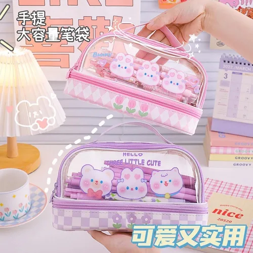 Vista 6 de JHTPSLR Estuche para lápices Kawaii grande con correa de doble capa, transparente, impermeable, lindo estuche para lápices, bolsas para bolígrafos