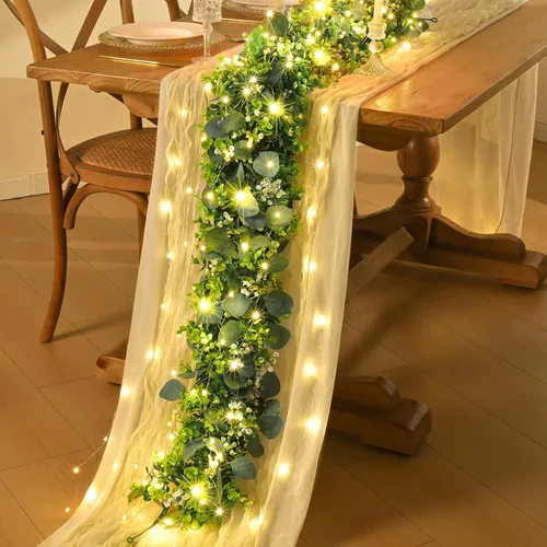 Vista 16 de Waipfaru 2 guirnaldas de eucalipto con margaritas 3D, guirnalda verde con flores, hojas de eucalipto artificiales de 5.9 pies, enredaderas