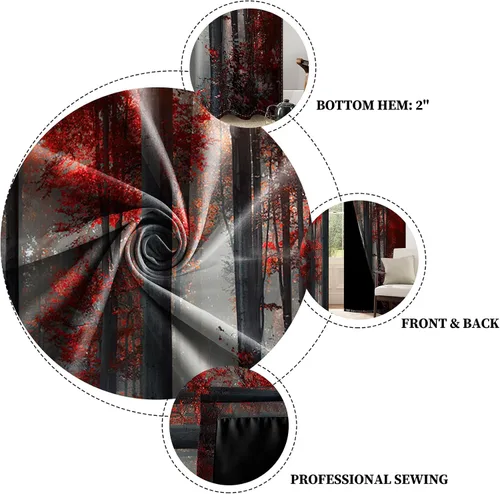 Vista 6 de Renaiss Cortinas opacas de bosque rojo, diseño de bosque negro brumoso, hojas rojas, cortinas de dormitorio de naturaleza misteriosa para cocina, 45