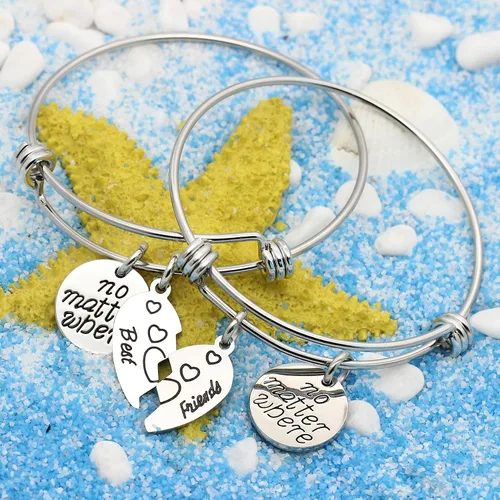 Vista 4 de lauhonmin Juego de 2 pulseras dobles de corazón roto con brújula con brújula BBF Best Friends No Matter Where