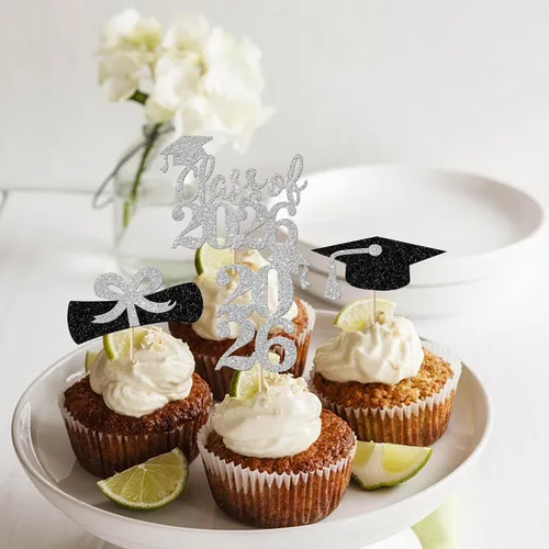 Vista 4 de Paquete de 24 adornos para cupcakes de clase de 2026 con purpurina 2026 para diploma de graduación 2026, selecciones para cupcakes para graduación