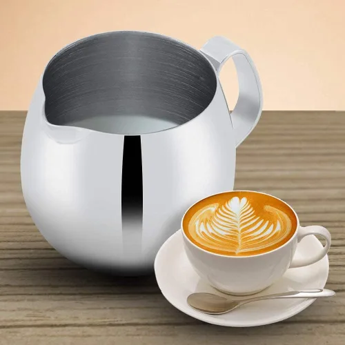 Vista 2 de Jarra de espuma de leche, jarra gruesa de acero inoxidable para café con leche, taza de espuma de café, jarra de leche plateada (10.1 fl oz)
