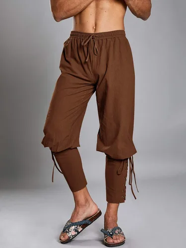 Vista 2 de Makkrom Pantalones de tobillo medievales para hombre, disfraz de pirata vikinga, con cordones, bandas cónicas, pantalones de Halloween