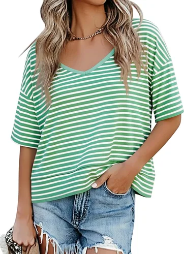 Vista 22 de Cicy Bell Camisetas de verano con cuello en V para mujer, casuales, de manga corta, holgadas, lindas camisetas básicas Caqui